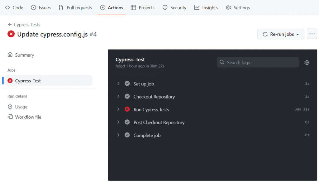 cypress github actions log view